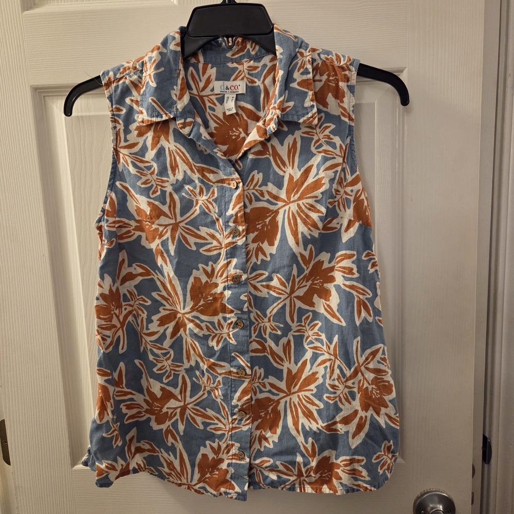 d&co sz M linen/viscose button up floral camp shirt lightweight casual vacation